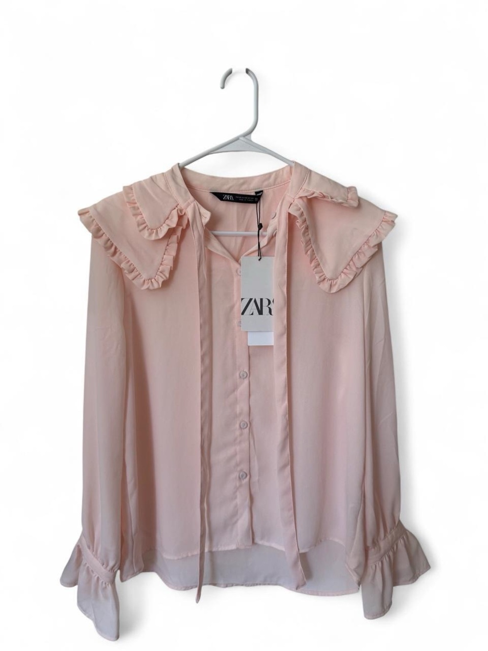 Zara NWT Blush Pink Ruffle Collar Tie Neck Blouse XS Sheer Bell Sleeve